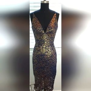 Dress the Population Gold Floral Lace Dress with Blue Underlay NWOT